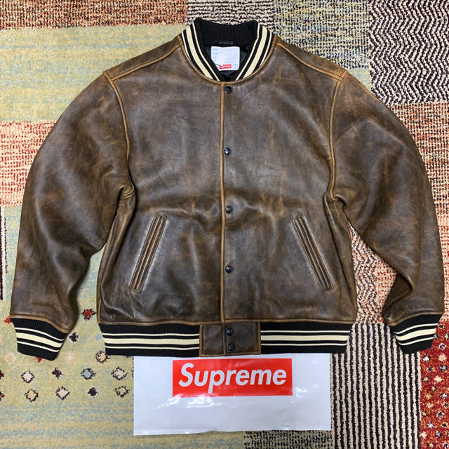 Supreme(シュプリーム)のLeather Varsity Jacket Lサイズ ブラック  ブラウン メンズのジャケット/アウター(レザージャケット)の商品写真