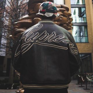 シュプリーム(Supreme)のLeather Varsity Jacket Lサイズ ブラック  ブラウン(レザージャケット)