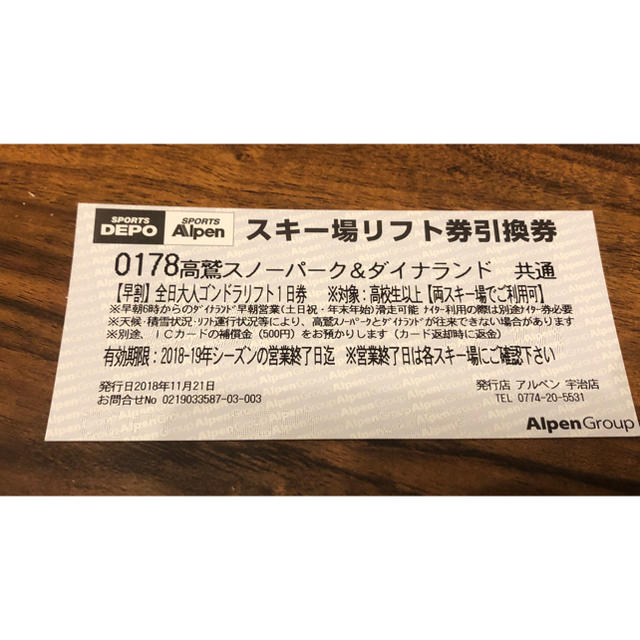 高鷲スノーパーク＆ダイナランド共通 全日大人ゴンドラリフト1日券 2枚セット