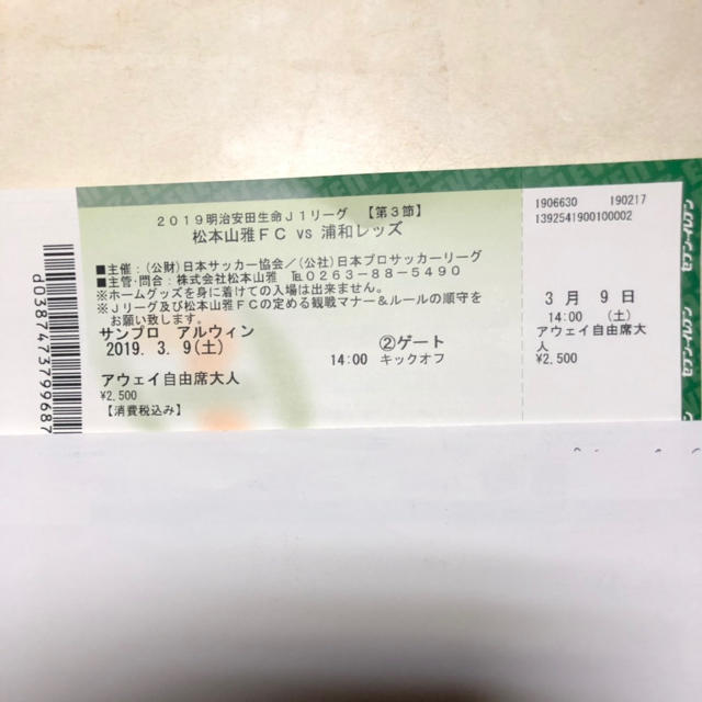 J1リーグチケット 松本山雅FC VS 浦和レッズ  アウェイ自由席    チケットのスポーツ(サッカー)の商品写真
