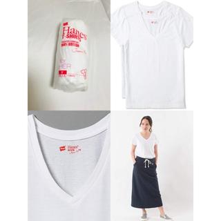 ヘインズ(Hanes)の【新品未使用】Hanes Tシャツ Vネック 2枚組  ホワイト L レディース(Tシャツ(半袖/袖なし))