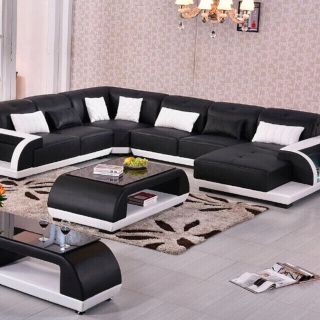 【限定SALE】7人ソファー+コーヒーテーブル豪華8点】【黒革×白革】
