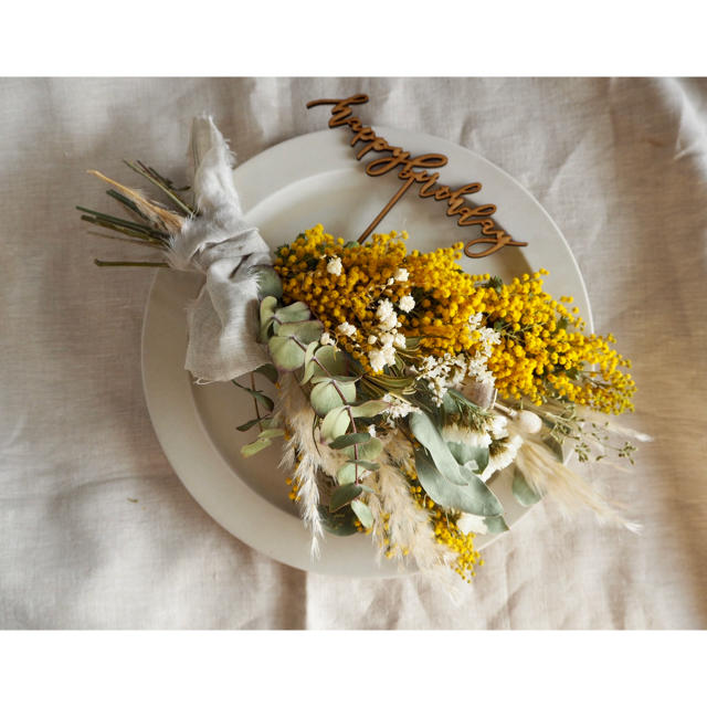 記念日を彩るドライフラワーの花かんむり&ミニブーケ  mimosa ver. ハンドメイドのウェディング(ブーケ)の商品写真