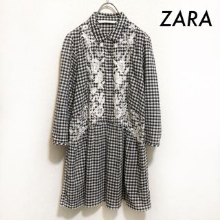 ザラ(ZARA)のZARA ザラ★ギンガムチェック柄 刺繍入り 長袖シャツワンピース ブラック 黒(ひざ丈ワンピース)