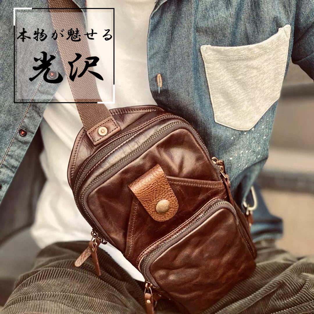 ◇Rock Lether 牛本革 強シュリンクこだわりボディバッグ◇茶b26 ◇Rock Lether 牛本革 強シュリンクこだわりボディバッグ◇茶b26