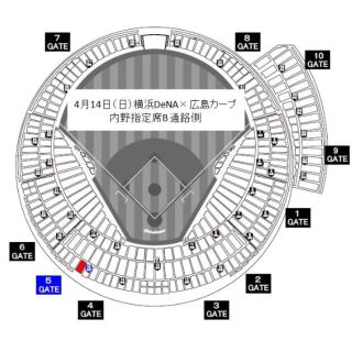 ヨコハマディーエヌエーベイスターズ(横浜DeNAベイスターズ)の4/14（日）横浜DeNA×広島カープ　内野指定B通路側1枚(野球)