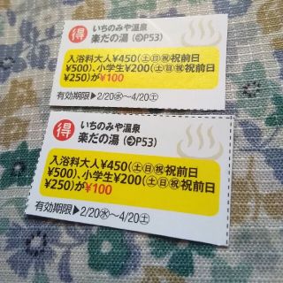 いちのみや温泉　らくだの湯　入浴料金割引きクーポン　２枚(その他)