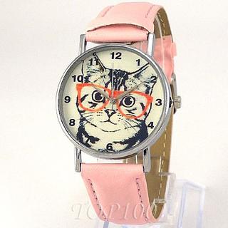 腕時計 レディース メンズ 猫 ピンク シルバー 革ベルト 激安!! 4016(腕時計)