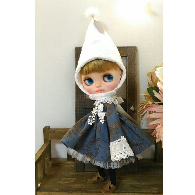 *handmade*outfit　メモリアール草花ワンピとボンネットセット　青