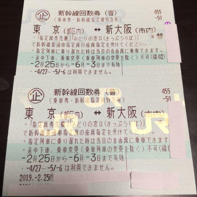 JR 東京⇔新大阪(乗車券・新幹線指定席特急券) 2枚 6/3期限