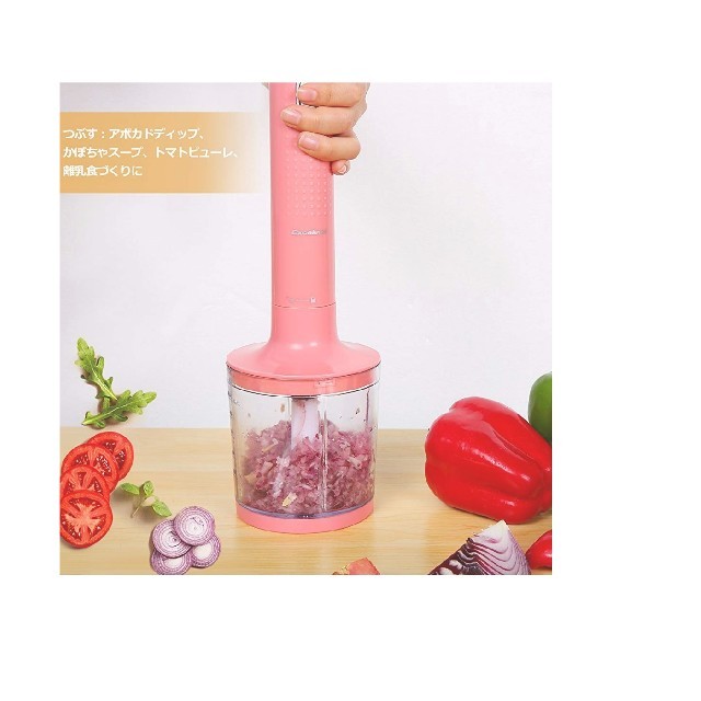 ハンドブレンダー 1台5役つぶす まぜる きざむ 泡立てる 砕くピンク、イエロー インテリア/住まい/日用品のキッチン/食器(調理道具/製菓道具)の商品写真