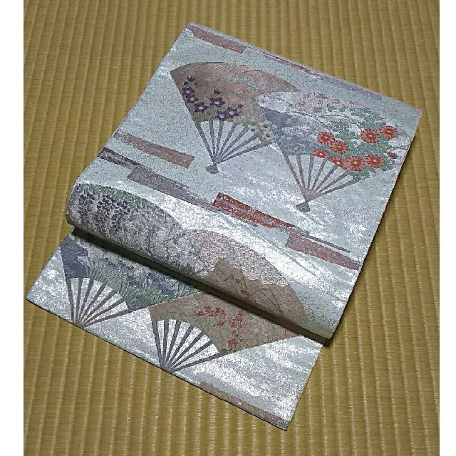 袋帯 シルバー 扇 引箔 銀糸 正絹の通販 by はなちゃん｜ラクマ