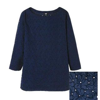 ユニクロ(UNIQLO)の半額以下★新品*花カットワークレース爽やかエンブロイダリーブラウスL綿100%(シャツ/ブラウス(長袖/七分))