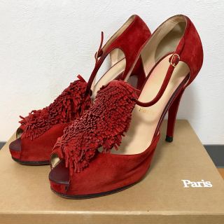 クリスチャンルブタン(Christian Louboutin)の本物クリスチャンルブタンのフリンジフリルサンダル 赤色 スエード (サンダル)