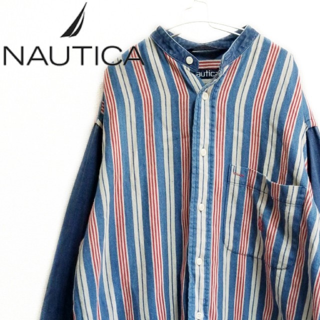 Santa Monica(サンタモニカ)の90s NAUTICA 刺繍ロゴ ノーカラー ストライプ 切り替えシャツ
 メンズのトップス(シャツ)の商品写真