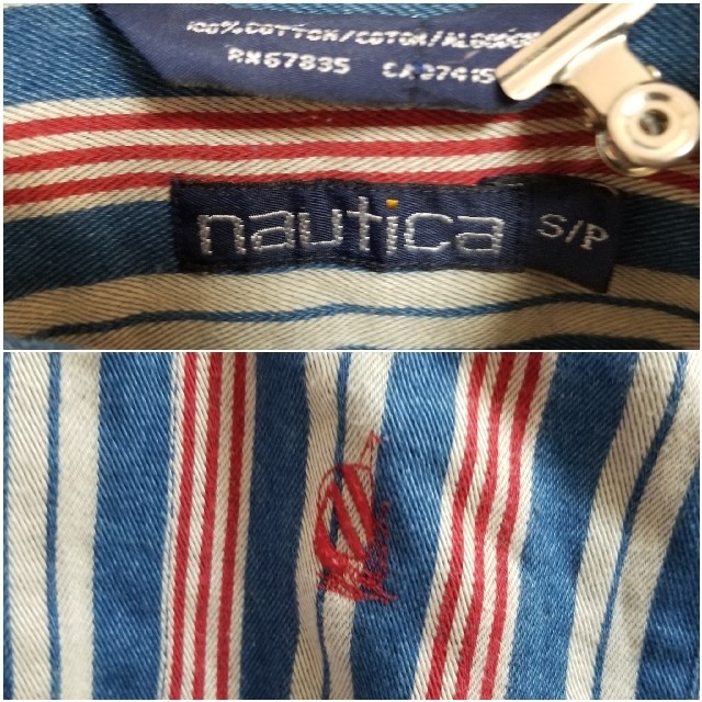 Santa Monica(サンタモニカ)の90s NAUTICA 刺繍ロゴ ノーカラー ストライプ 切り替えシャツ
 メンズのトップス(シャツ)の商品写真