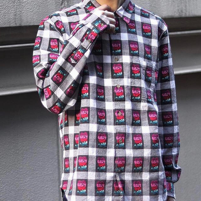 M 白 supreme rose buffalo plaid shirt バラ