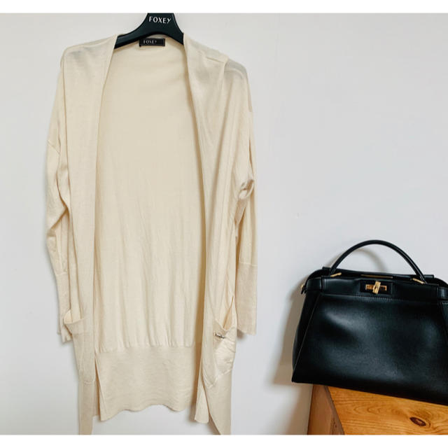 ☆美品 FOXEY フォクシー カシミヤシルク ロングカーディガン オフ