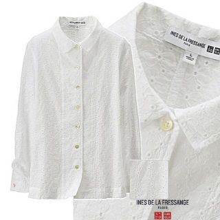 ユニクロ(UNIQLO)の只今半額以下★新品イネス*アイレットブラウスL花*カットワークレースシャツ白(シャツ/ブラウス(長袖/七分))