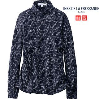 ユニクロ(UNIQLO)の★半額以下★新品イネス*モードな変りドット柄♪店舗限定コットンプリントシャツL紺(シャツ/ブラウス(長袖/七分))