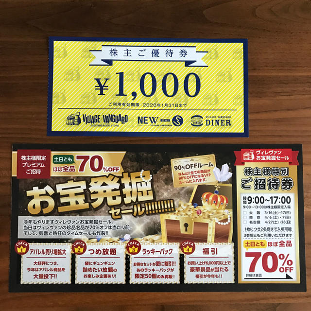 【送料無料】株主優待 ヴィレッジヴァンガード お宝発掘セール 入場券 チケットのイベント(その他)の商品写真