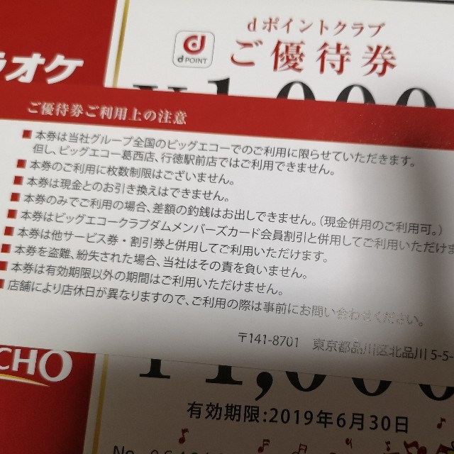 ビッグエコー　優待券　3000円分 チケットの優待券/割引券(その他)の商品写真