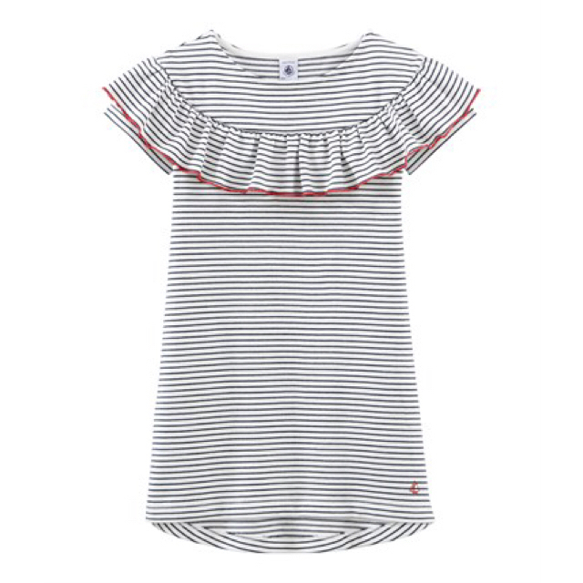 PETIT BATEAU(プチバトー)のmini様専用♡5ans プチバトー フリル付きマリニエールワンピース キッズ/ベビー/マタニティのキッズ服女の子用(90cm~)(ワンピース)の商品写真