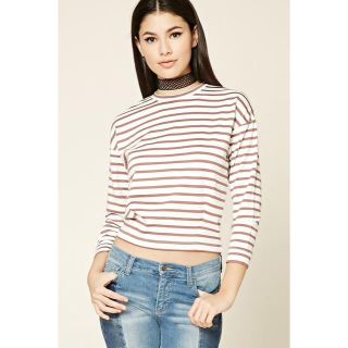 フォーエバートゥエンティーワン(FOREVER 21)のボクシーストライプドトップ ivory/mauve(カットソー(長袖/七分))