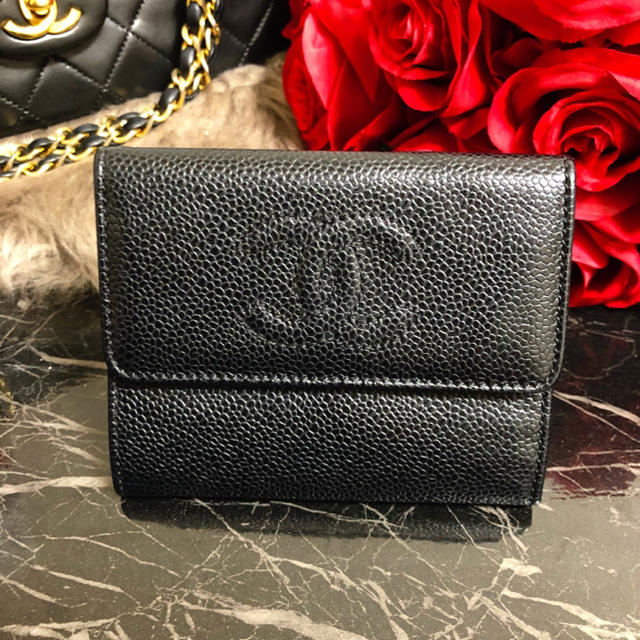 CHANEL シャネル キャビアスキン 三つ折り 財布 ココマーク 黒 CHANEL シャネル キャビアスキン 三つ折り 財布 ココマーク 黒