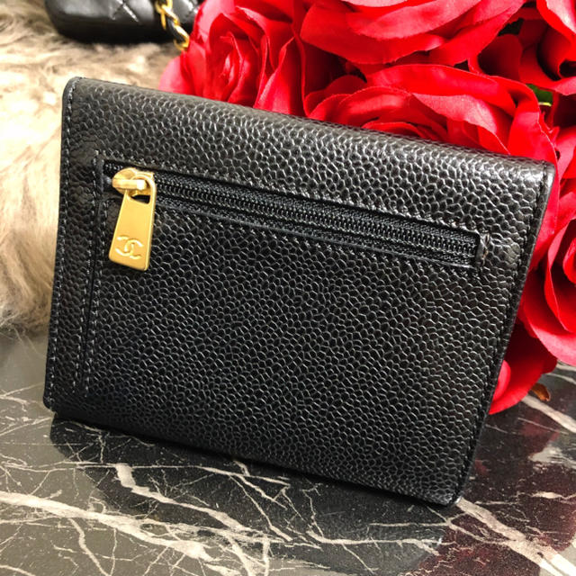 CHANEL シャネル キャビアスキン 三つ折り 財布 ココマーク 黒 CHANEL シャネル キャビアスキン 三つ折り 財布 ココマーク 黒
