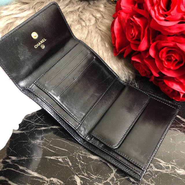 CHANEL シャネル キャビアスキン 三つ折り 財布 ココマーク 黒 CHANEL シャネル キャビアスキン 三つ折り 財布 ココマーク 黒