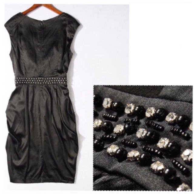新品L✨シルク100% ビジュー付きワンピース✨パーティー  上品ドレス レディースのフォーマル/ドレス(ミディアムドレス)の商品写真