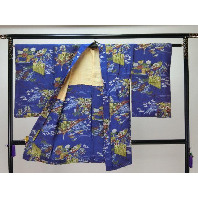 Ｂアンティークお仕立て上がり正絹羽織　青色地に赤色の杜若、松、屏風柄 レディースの水着/浴衣(その他)の商品写真