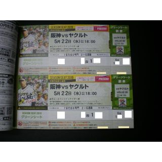 ハンシンタイガース(阪神タイガース)の【通路側】5/22(水)阪神vsヤクルト グリーンシート1桁段ペア(野球)