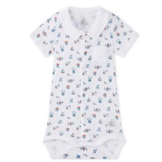 プチバトー(PETIT BATEAU)の新品 タグ付き★ プチバトー プリント衿付き前開き半袖ボディ 12m ヨット柄(ロンパース)