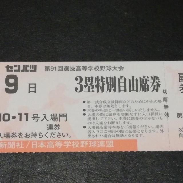 第9日 3塁特別自由席券 センバツ 第91回選抜高等学校野球大会 高校野球