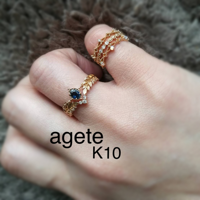 agete(アガット)の美品 アガット ラブラドライト フェザーモチーフリング  K10   レディースのアクセサリー(リング(指輪))の商品写真