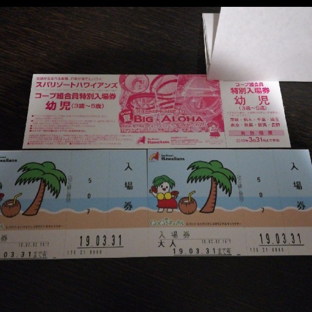 ハワイアンズ　親子　チケット　大人二枚　幼児一枚 チケットの施設利用券(プール)の商品写真