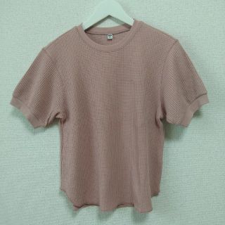 ユニクロ(UNIQLO)のUNIQLO　ユニクロ　ワッフルクルーネックT（五分袖）ピンク(カットソー(半袖/袖なし))