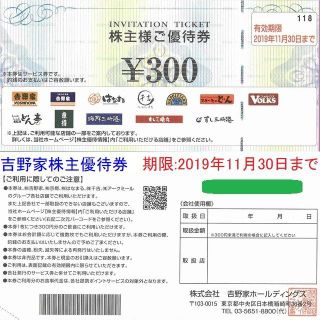 ヨシノヤ(吉野家)の[送料込み]牛丼の吉野家株主優待券(300円分)×1枚 (2019年11月まで)(レストラン/食事券)