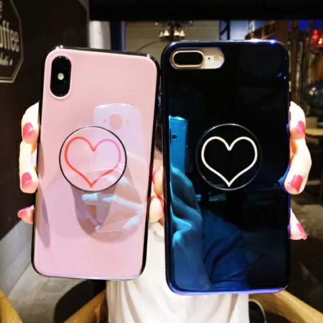 エルメス iphone8 ケース レディース 、 ハートマークエアバックスタンド付きiPhoneケース　ピンク/藍色の通販 by すなふきん's shop｜ラクマ