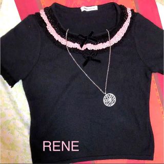 ルネ(René)のRENE  ニットトップス  ピンクベロアレース縁どりにベロアリボン可愛い(カットソー(半袖/袖なし))