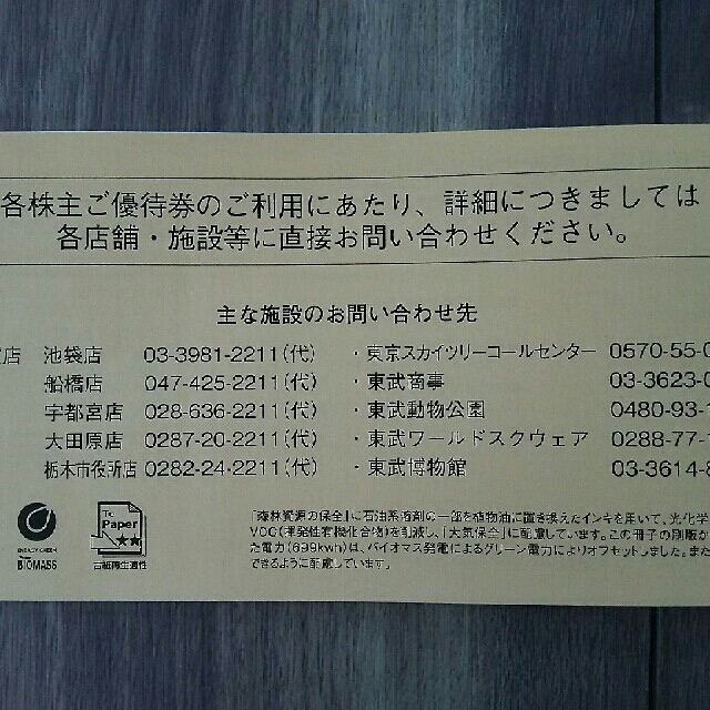 [未使用] 東武鉄道 株主優待券 チケットの施設利用券(遊園地/テーマパーク)の商品写真