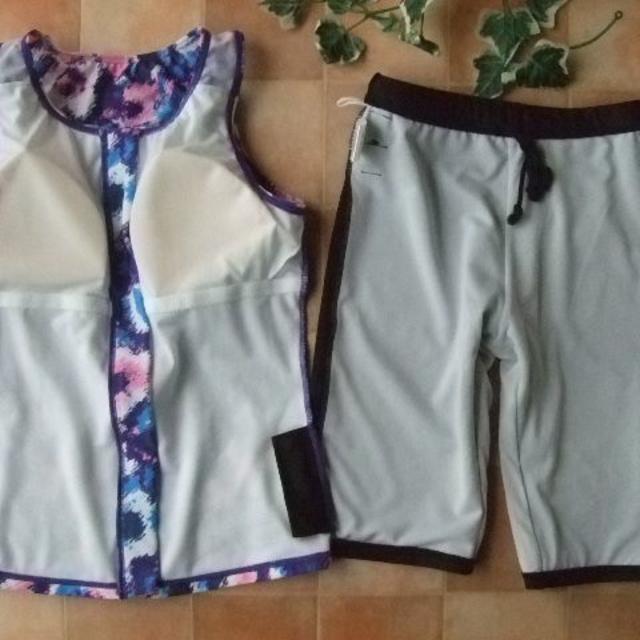 ◆袖なしラン型・フィットネス水着・タイダイ風花15号LL・めくれ防止ピンク紫 レディースの水着/浴衣(水着)の商品写真