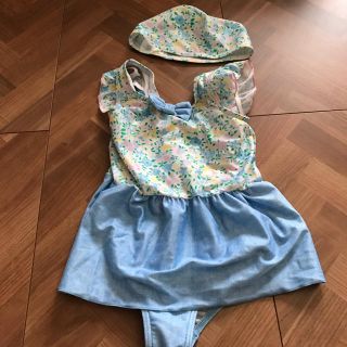 美品♡小花柄×デニム♡スイムキャップand水着♡120(水着)