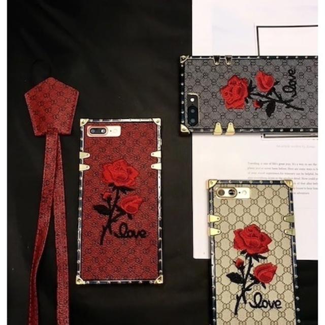 バラ刺繍 スクエア ロングストラップ付 iPhoneケースの通販 by Sweet Angel｜ラクマ