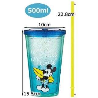 ディズニー(Disney)の新品未使用 二層 タンブラー ストロー付 500ml ミッキーマウス サーフ(タンブラー)