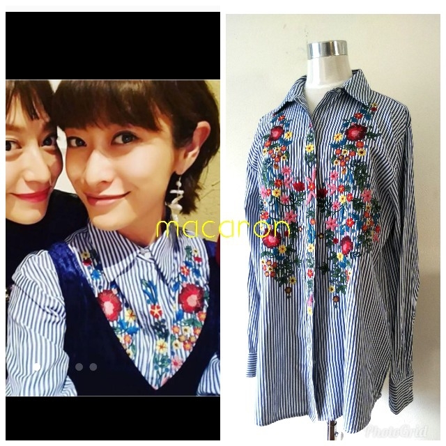 ZARA(ザラ)のLeee☆Saaa様ご専用ザラZARA山田優さん着ストライプ花柄シャツ ネイビー レディースのトップス(シャツ/ブラウス(長袖/七分))の商品写真