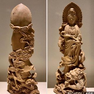 美術品/アンティーク総柘植材 特上彫 木彫仏像 龍上観音菩薩 - 彫刻