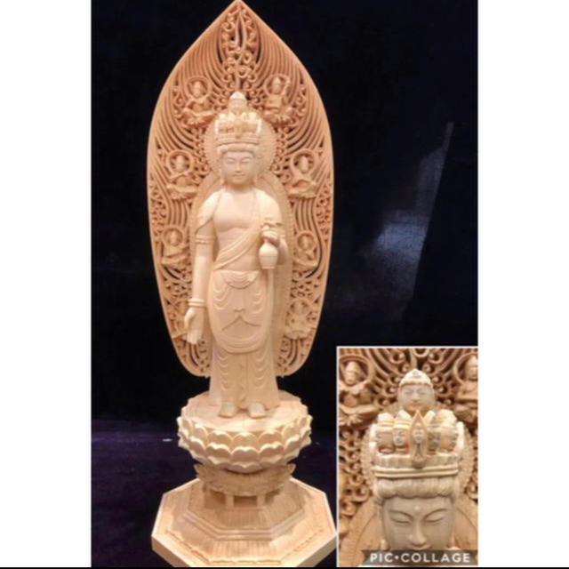 檜材 極上彫 名人作 木彫仏像 仏教美術 十一面観音菩薩立像 高45cm